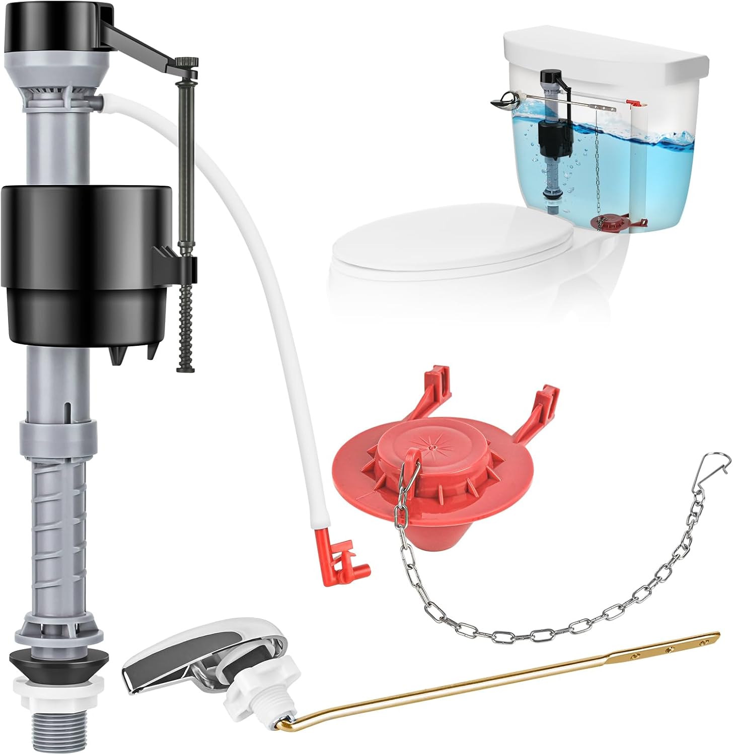 Universal Toilet Flusher Replacement Kit, Fill Valve, 2-Inch Flapper, Toilet Handle Lever, Adjustable, Quiet, Easy to Install, Complete Toilet Parts Inside Tank Kit (Red, 1-Pack)