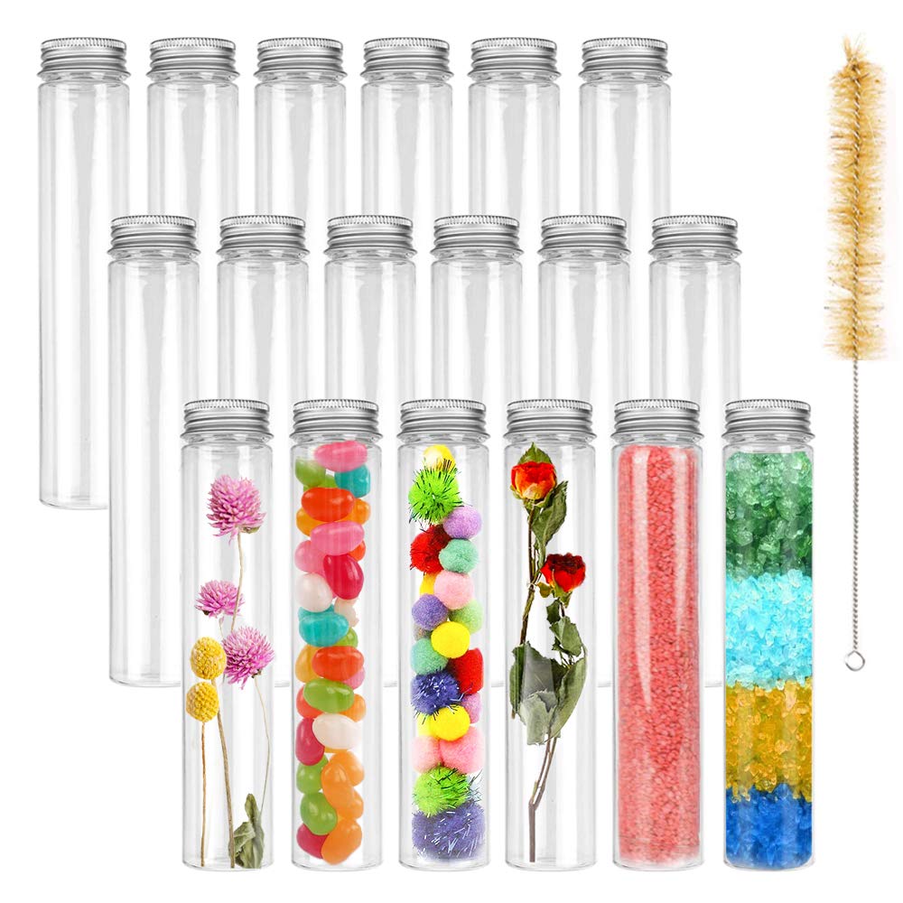 18 PCS 115ml Clear Plastic Test Tubes,Flat Test Tube,Plastic Test Tube with Screw Caps and 1 Cleaning Brush for Bath Salt,Candy Storage,Science Party Favors,Wedding Decor