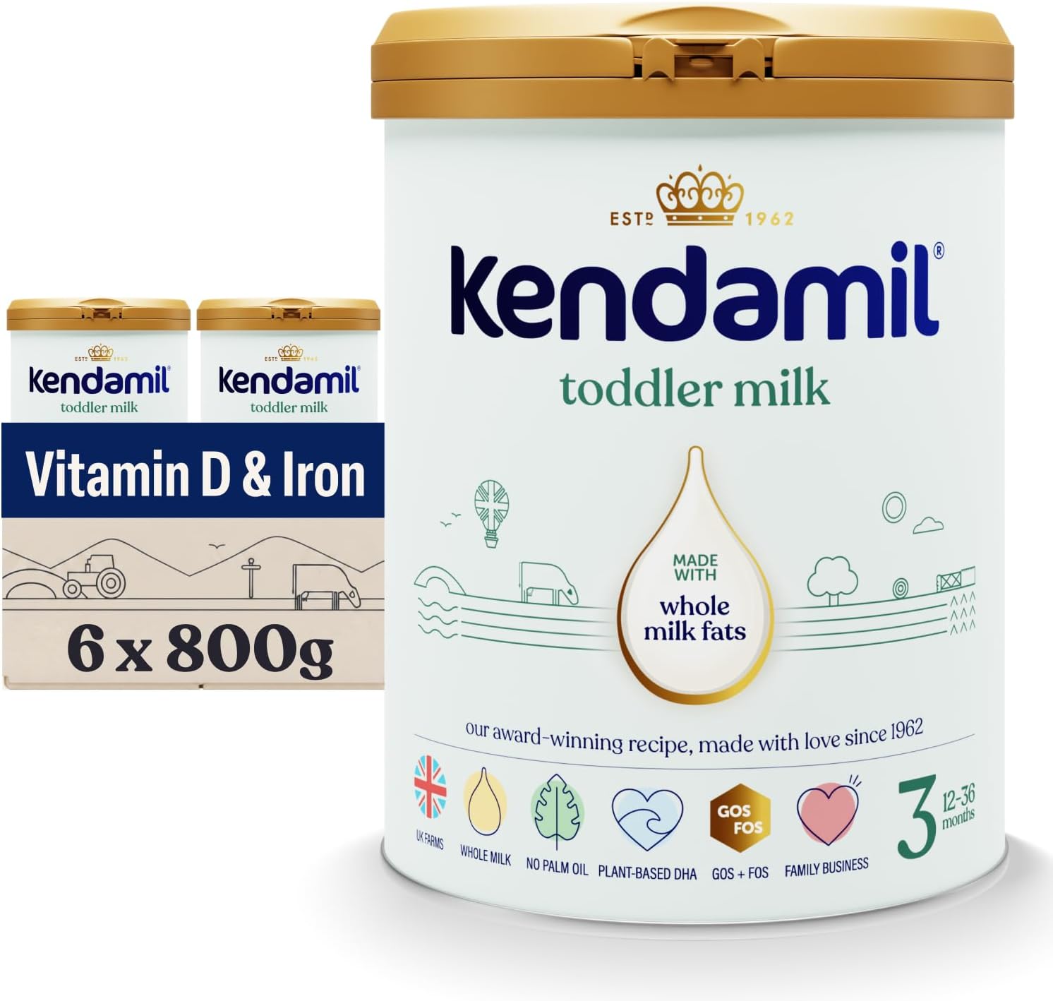 (6x800g) Kendamil Toddler Milk, Stage 3, 6-Pack – British Made, Whole Milk Formula, 12-36 Months – Vegetarian, No Palm Oil, No GMOs –with Omega 3 DHA, Omega 6 ARA and Prebiotics