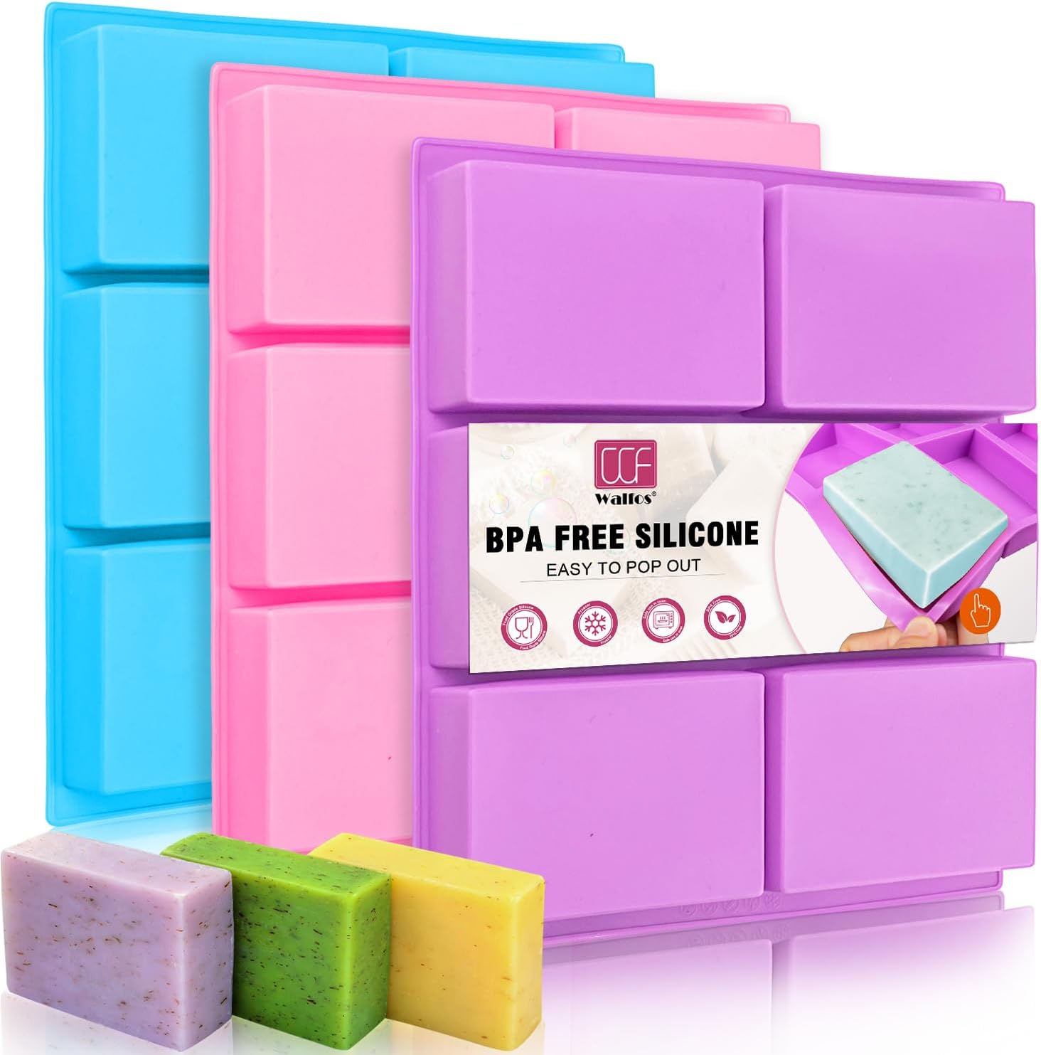 Walfos Silicone Soap Molds Set of 3, 6 Cavities Rectangle Silicone Soap Molds for Homemade Craft Soap Mold, Cake Mold, Chocolate Mold & Ice Cube Tray(Blue & Purple & Pink)