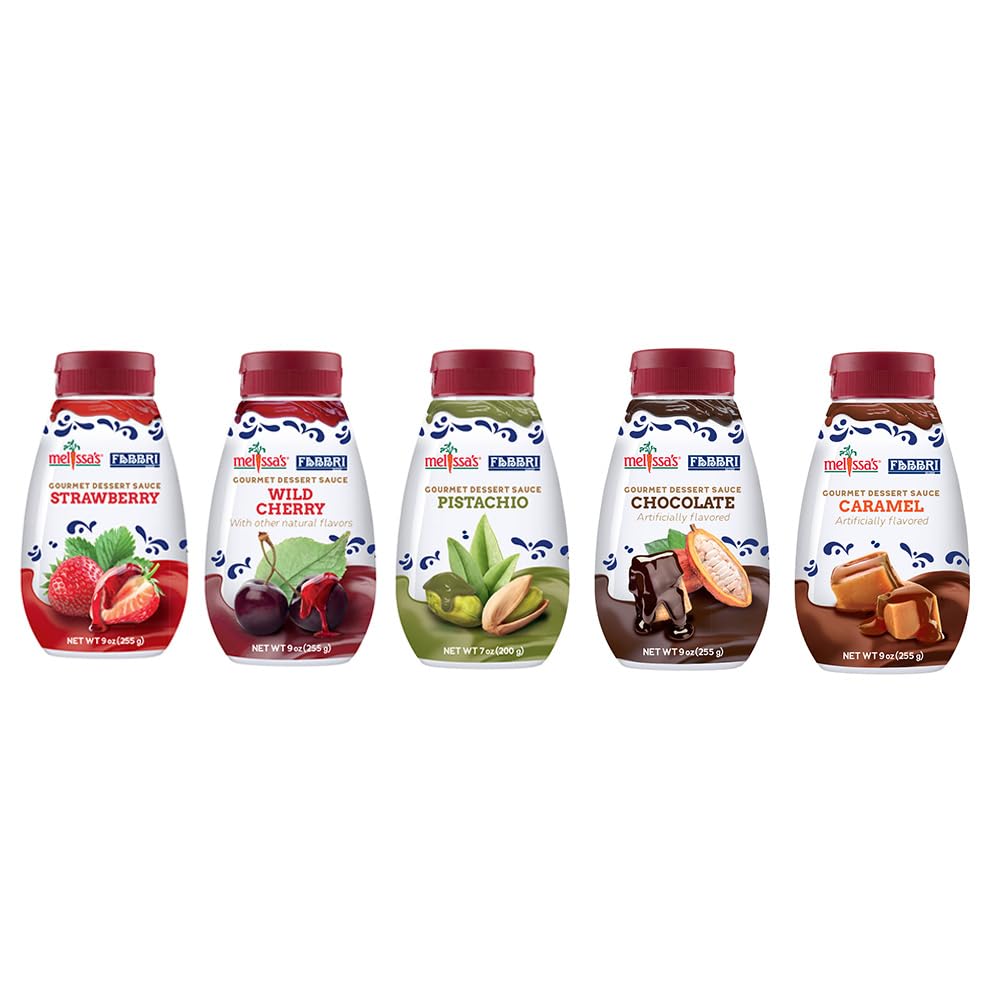 Fabbri Gourmet Dessert Sauces, Variety Pack of Strawberry, Wild Cherry, Pistachio, Chocolate, and Caramel flavors, Flavoring sauce for Ice Cream, Desserts and hot and cold Beverages, Made in Italy, 7.9oz bottles