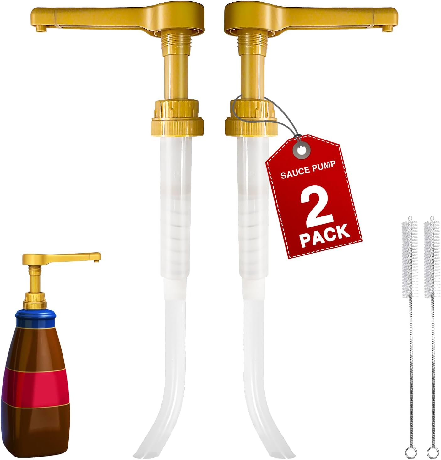 2Pcs Gold Sauce Pump Dispenser for 64 oz Chocolate Pumpkin Caramel Sauce Bottles, Reusable Large 15CC Syrup Pump Dispenser for Vanilla Mocha Sauces