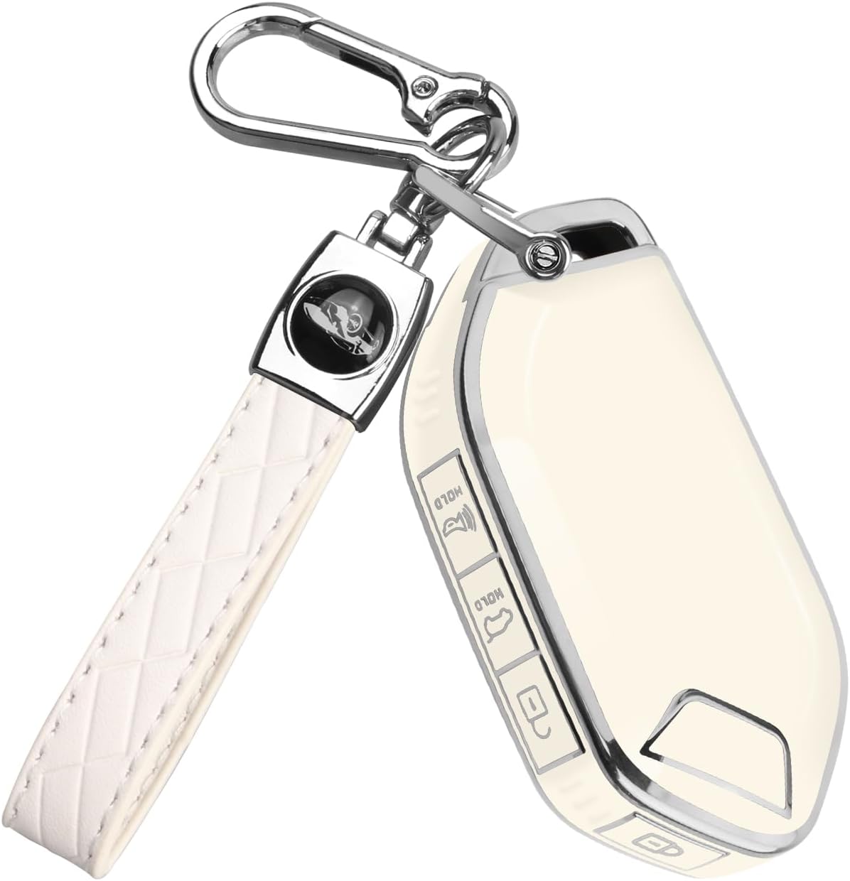 QBUC for Kia Key fob Cover,Soft TPU 360°Car Key Case Protector with Leather Keychain Compatible with Kia Telluride 2023/2024 5 Buttons Smart Key(White)