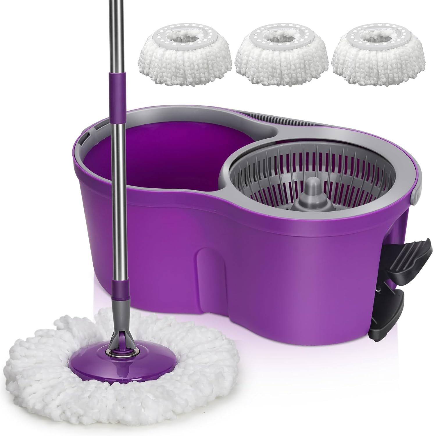 MASTERTOP Spin Mop and Bucket Set, Mop and Bucket with Wringer, Wet and Dry Floor Mops Bucket Set with 3 Reusable Pads, Mops Set for Cleaning Hardwood Laminate Tile Floor - Purple, 43x25x131cm