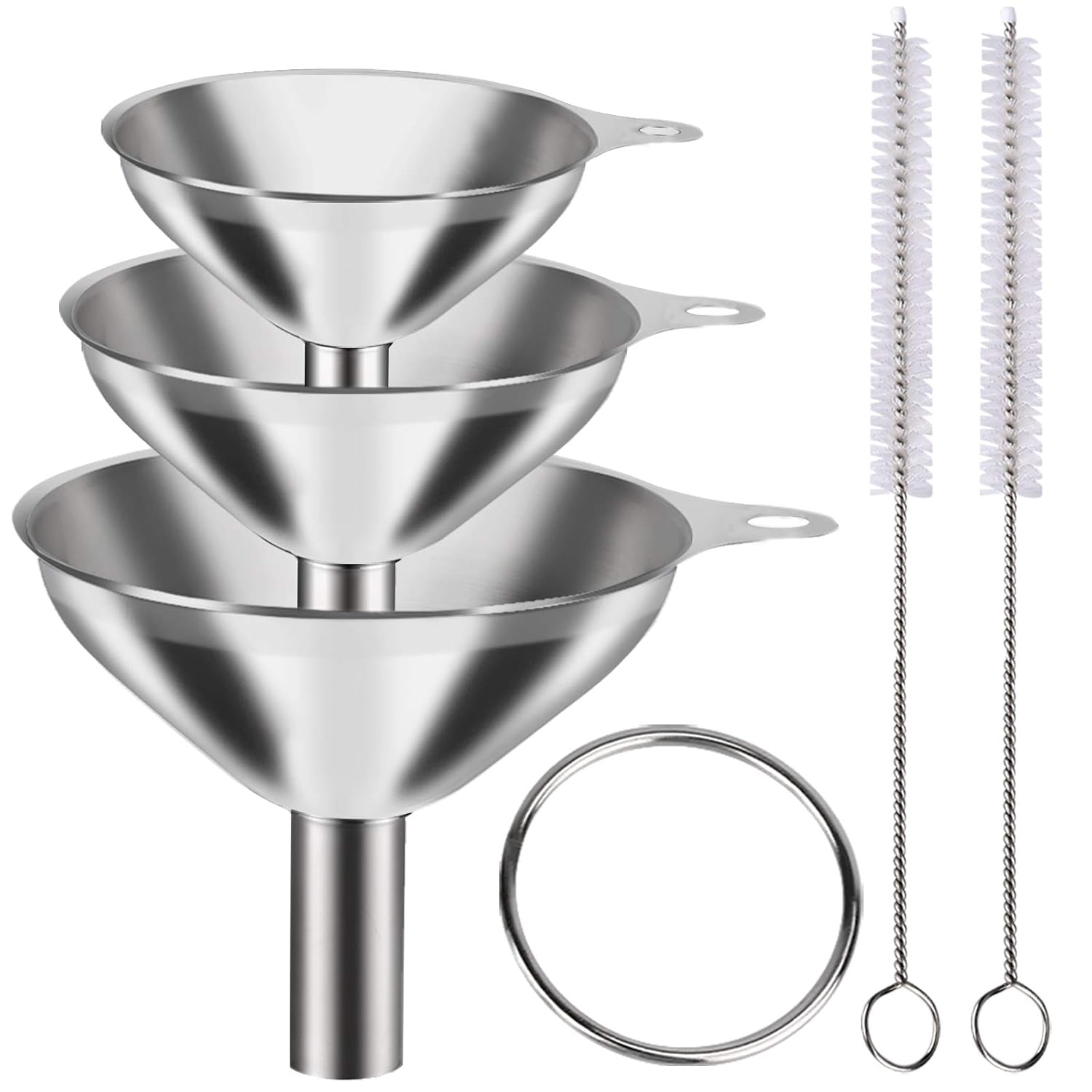 Metal Stainless Steel Funnel, Large Medium Small Funnel Set of 3, Food Grade Mini Funnels for Kitchen Use Filling Bottles Flask Cooking, 2 Brushes YLYL