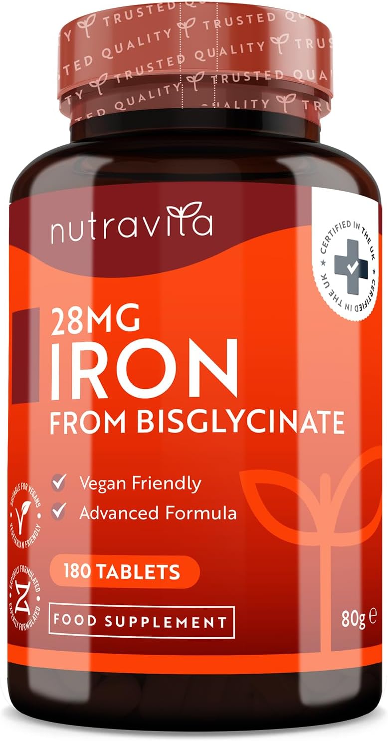 Iron Tablets 28mg – 180 Vegan Tablets (3 Month Supply of Iron Supplements) – Contributes to The Reduction of Tiredness and Fatigue – Suitable for Men and Women – Made in The UK by Nutravita