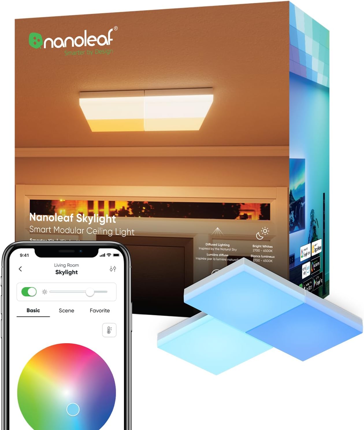 nanoleaf Skylight Starter Kit, 3 Smart LED RGBCW Ceiling Lights - Modular Wi-Fi Colour Changing and Dimmable Squares, Music & Screen Sync, Works with Apple Home Amazon Alexa Google Home