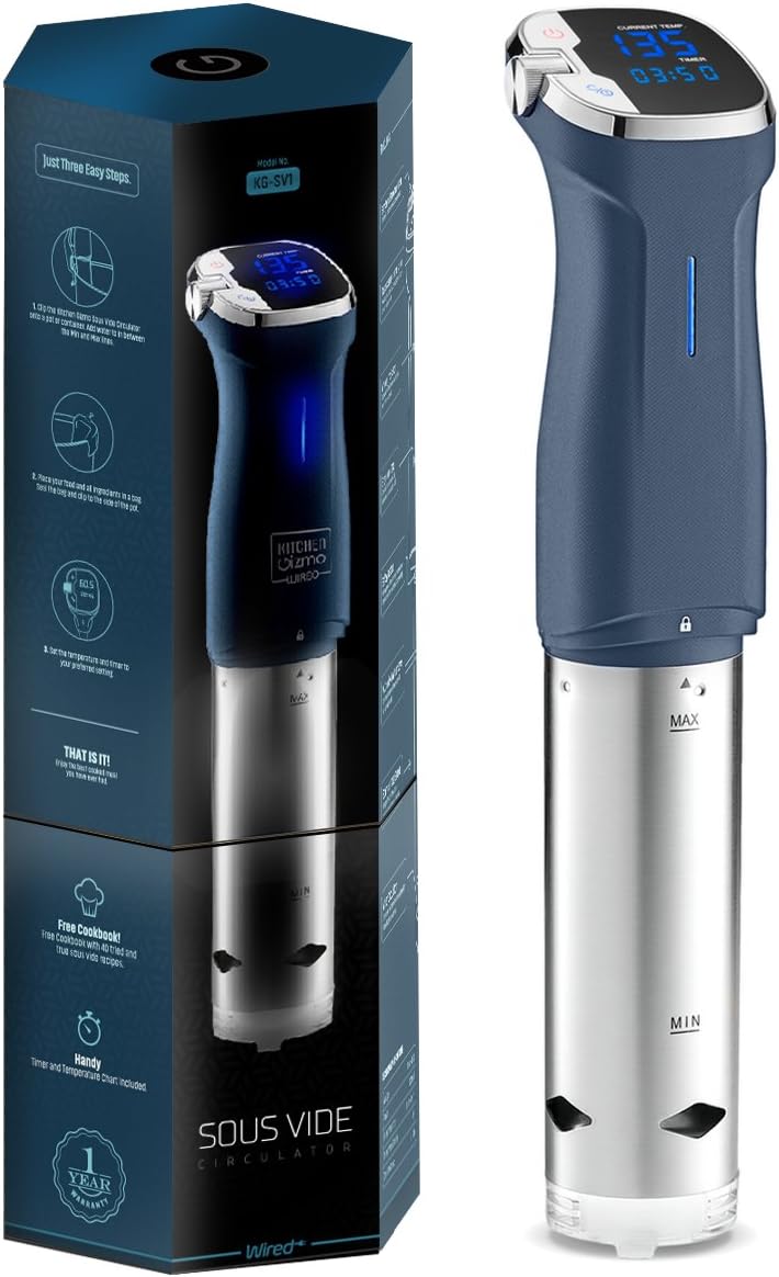 Kitchen Gizmo Sous Vide Immersion Circulator - Cook with Precision, 800 Watt Blue Circulator Stick with Touchscreen Control Panel and Safety Feature - Bonus Recipe Book Included