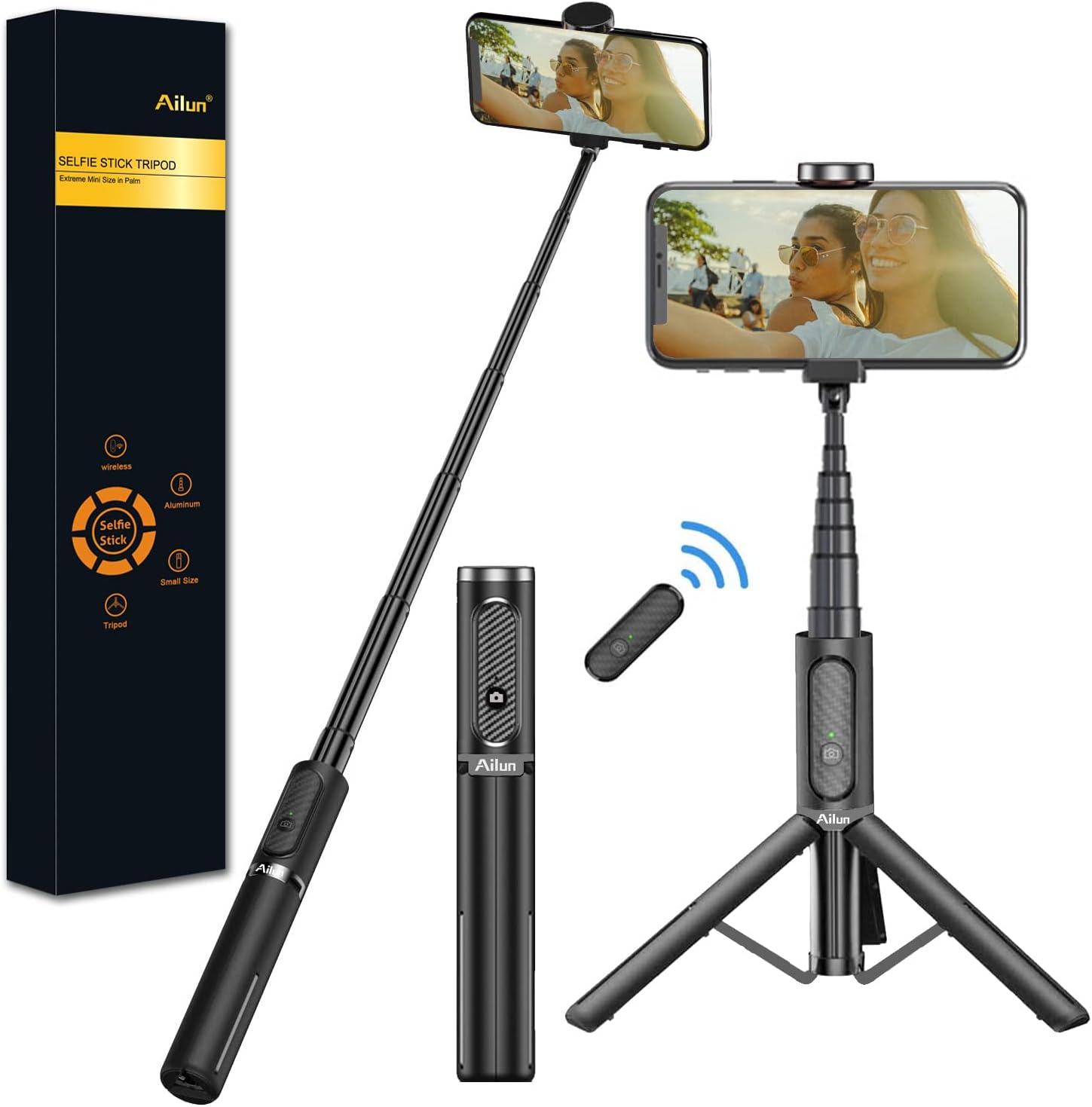 Ailun Selfie Stick Tripod,Extendable Aluminum,3 in 1,Bluetooth Wireless Remote and 360 Rotation Stand for iPhone 16/15/14/13/12/11/11 Pro/XS Max/XS/XR/X/8/7 and More Smartphones