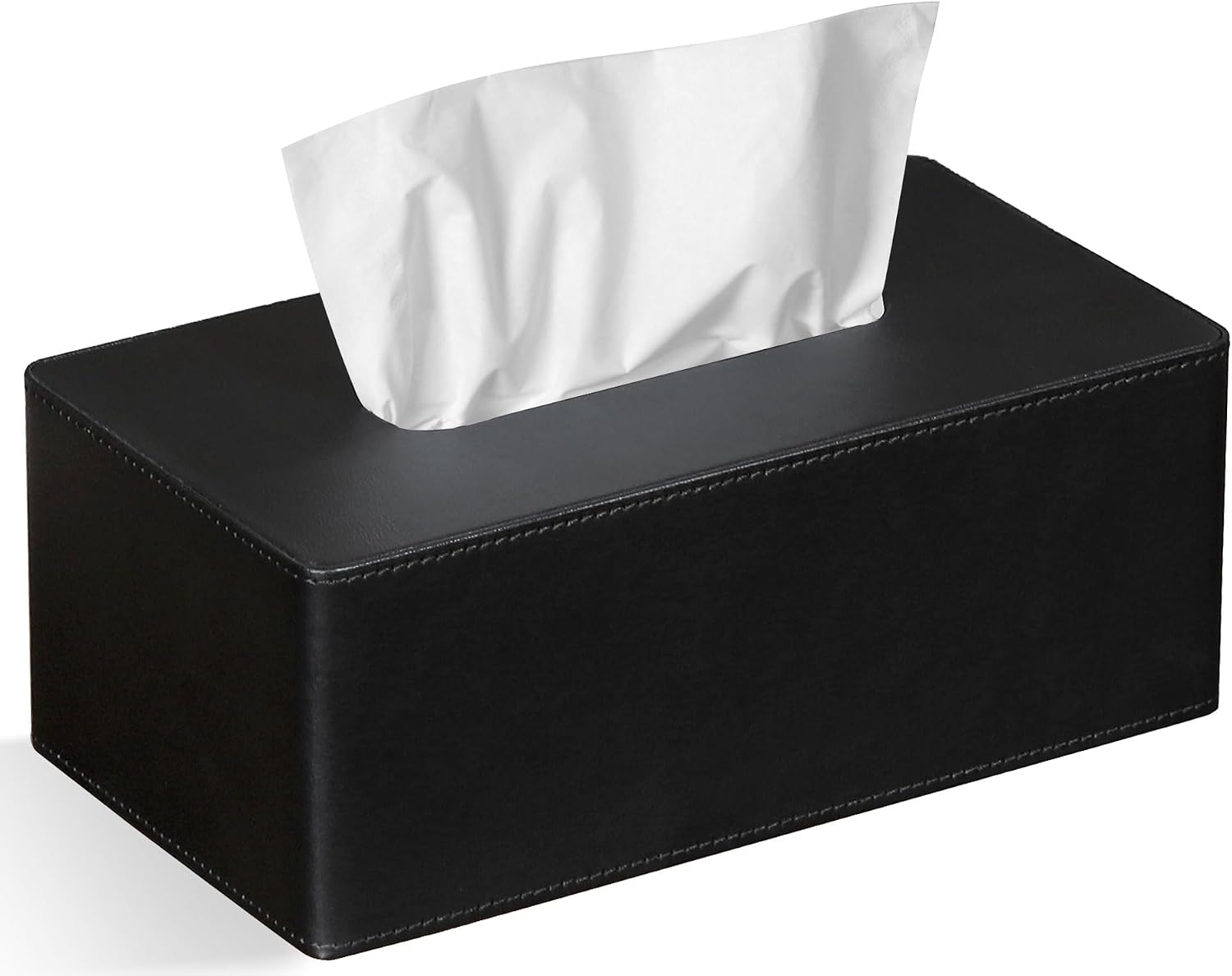 Tissue Box Cover Rectangular PU Leather Facial Tissue Dispenser Box Holder for Dresser Bathroom Decor (Black)