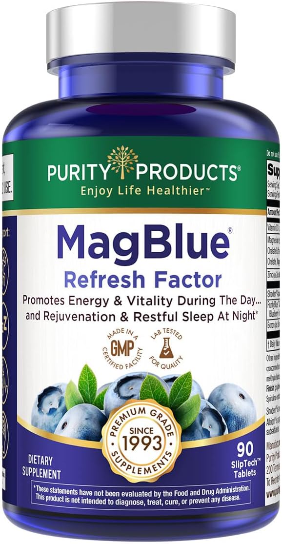 Purity Products MagBlue Refresh Factor Super Boost - Magnesium Bisglycinate, Shoden Ashwagandha, Vitamin D3, Zinc and Boron - 90 Tablets