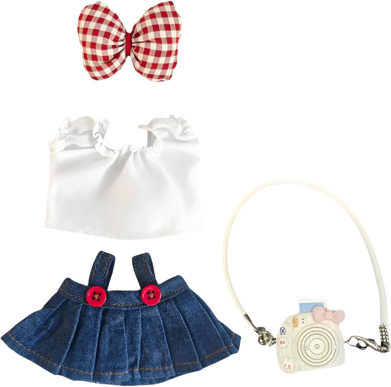 Doll Clothes Outfits, 4-Pieces 17cm Doll Clothing Set Accessories Decoration Denim Costume, Classic Denim Skirt, White Shirt, Red Bow, Small Camera(No Doll Only Clothes) (Blue Denim skirt-02)
