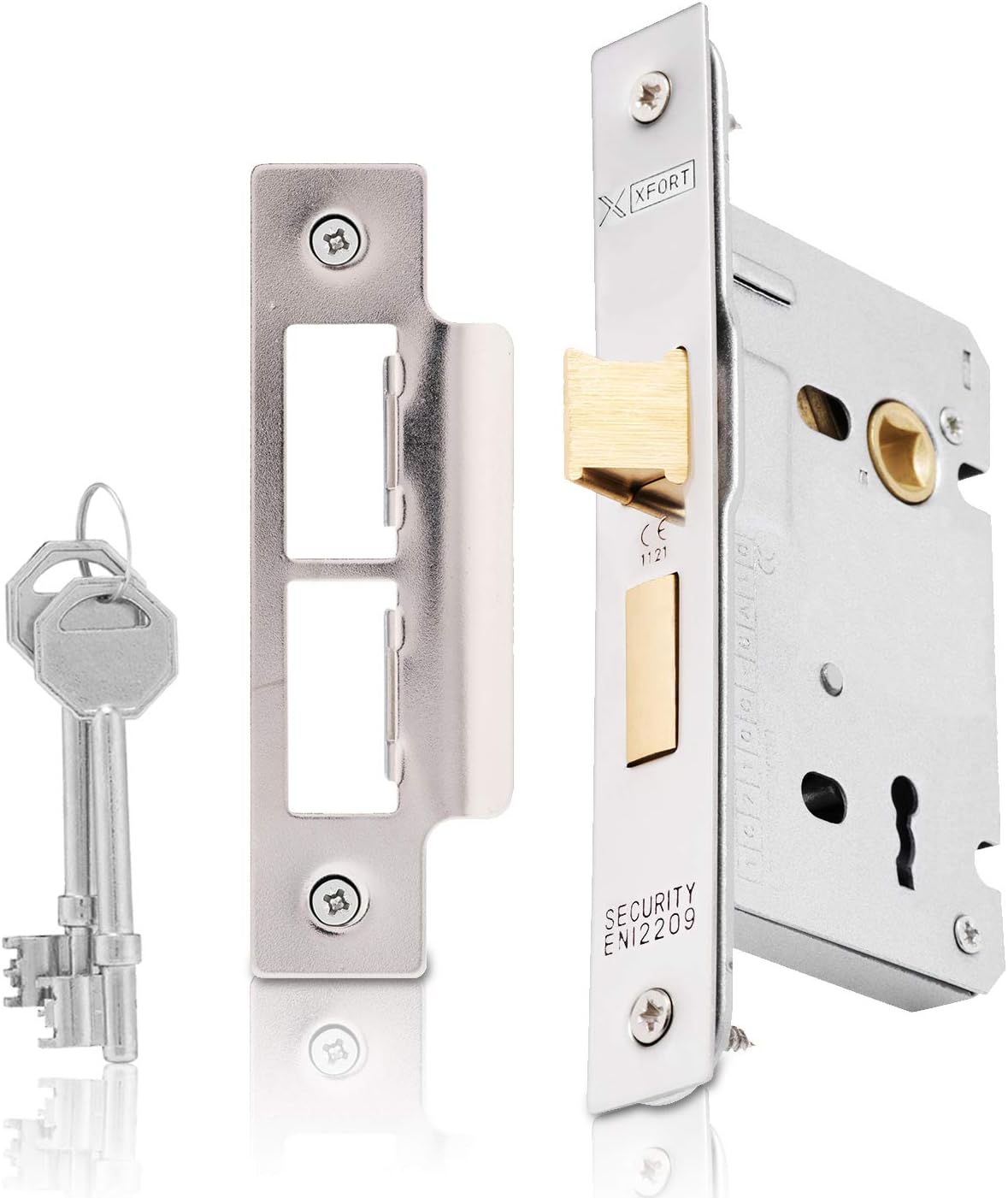 XFORT 3 Lever Polished Chrome Mortice Sashlock 65mm, Door Lock with Key for Internal Doors, CE Approved and Fire Rated Protection