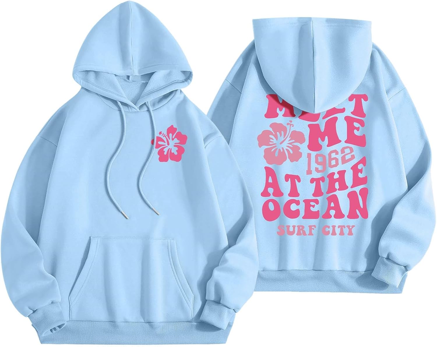 Pink Palm Puff Hoodie for Teen Girls Long Sleeve Preppy Casual Graphic Sweatshirts Drawstring Pullover Cute Oversized Hoodie