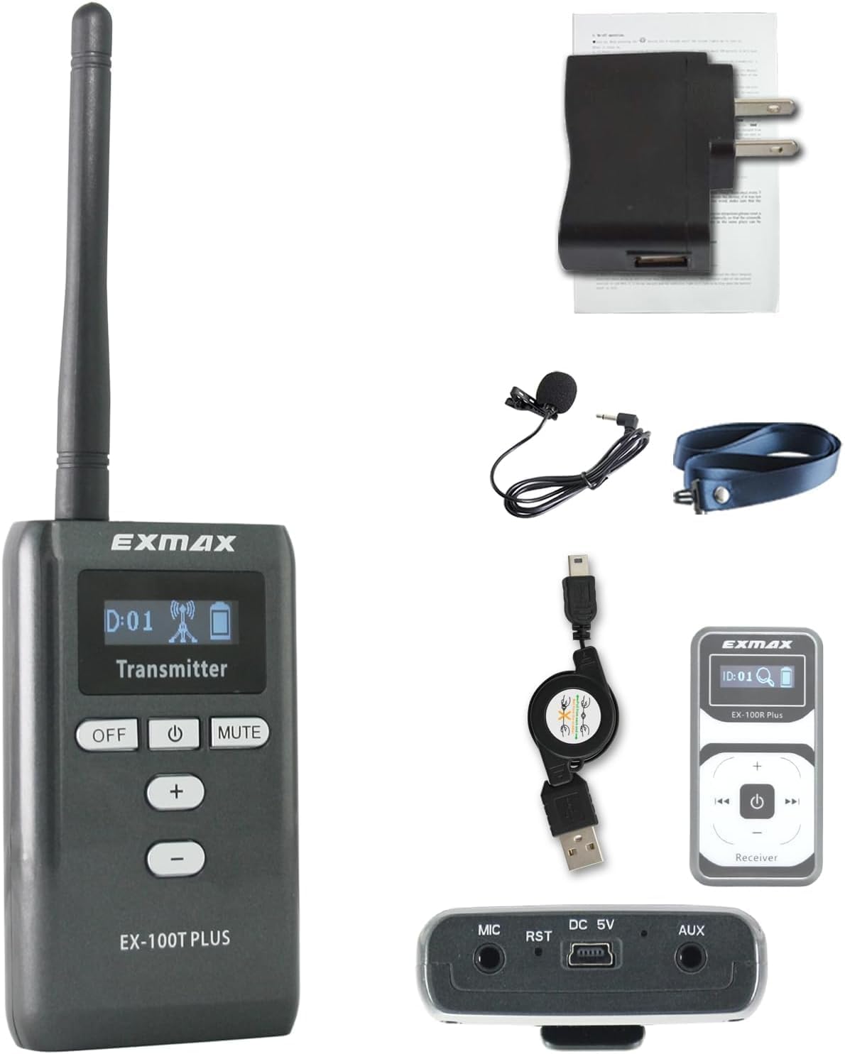 EXMAX EX-100 Plus 72MHz Wireless Tour Guide Audio Voice Transmission System Microphone Earphone for Church Translation Simultaneous Interpreting Walking Tour Travel Wedding Classroom(1 Transmitter)