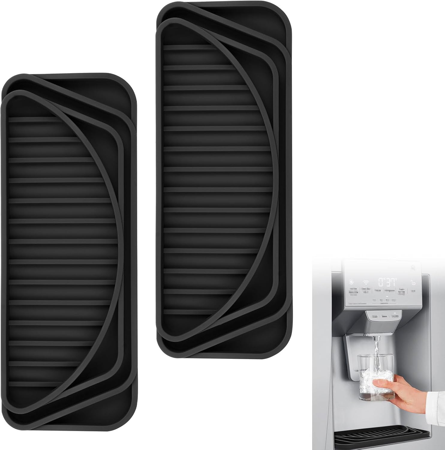 Silicone Refrigerator Drip Tray 2 Pack, Cuttable Water Dispenser Drip Collector, Spill-Free Non-slip Dispenser Pan Protector for Whirlpool/Samsung/LG/GE Fridge Accessories (Black+Black)