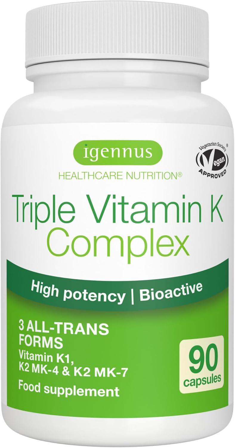 Igennus High Strength Triple Vitamin K Complex 2700 mcg, Vitamin K1 & K2 (MK-4 & MK-7), 90 Capsules, 1-a-Day, Bioactive Natural Forms, Bone & Cardiovascular, Clean Label, Vegan