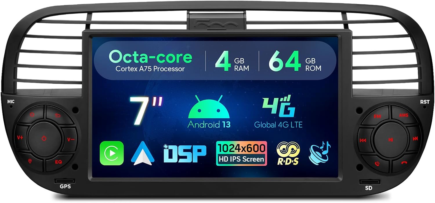 XTRONS Octa Android 13 Car Stereo 7 Inch 1 DIN DVD Player GPS Navigation Built-in 4G WIFI Car Play DSP RDS Radio Bluetooth Optional AHD CAM TPMS DVR DAB+ for Fiat 500 (2007-2015) Black