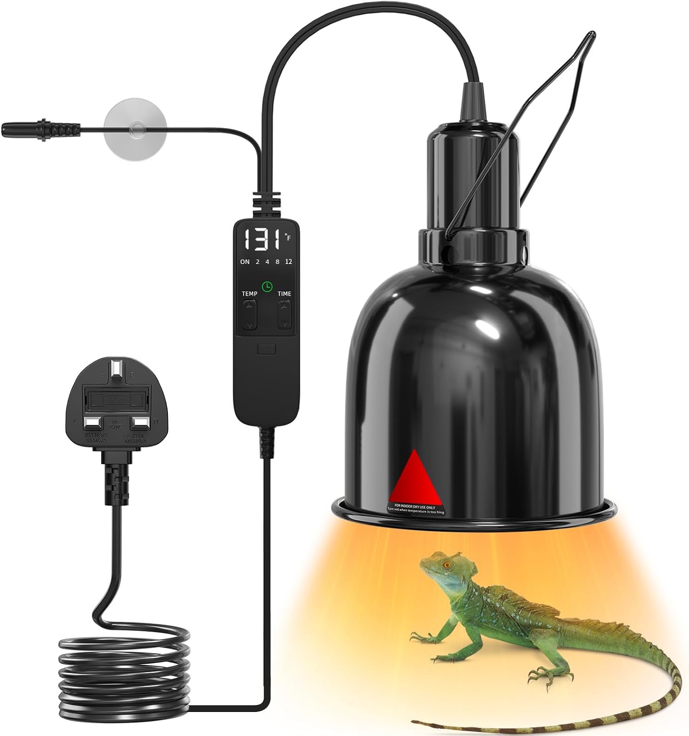 GlowUp Heat Lamp Fixture with Reptile Thermostat Timer Temperature Controller, 300W E27 Reptile Heat Lamp Holder, Dimmable 5.5'' with Sensor Probe for Terrarium Lizard Tortoise Snake(NO Bulb)
