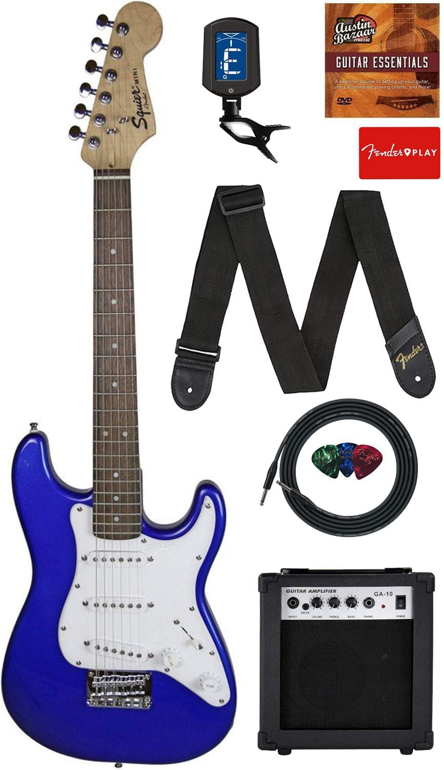 Fender Squier 3/4-Size Kids Mini Strat Electric Guitar - Bundle with Amplifier, Cable, Tuner, Strap, Picks, Online Lessons, and Austin Bazaar Instructional DVD