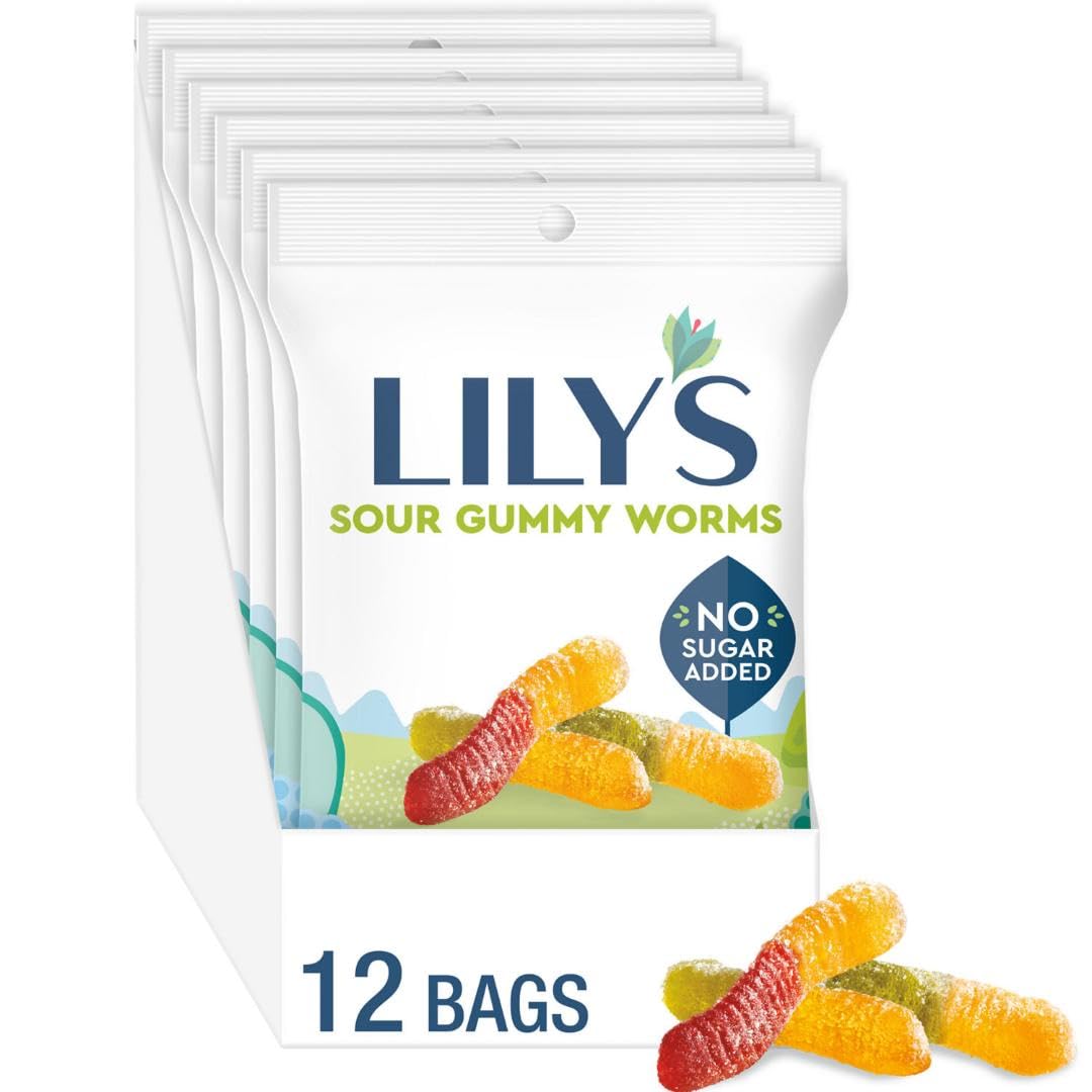 LILY'S Assorted Fruit Flavored No Sugar Added, Sour Gummy Worms Bags, 1.8 oz (12 Count)