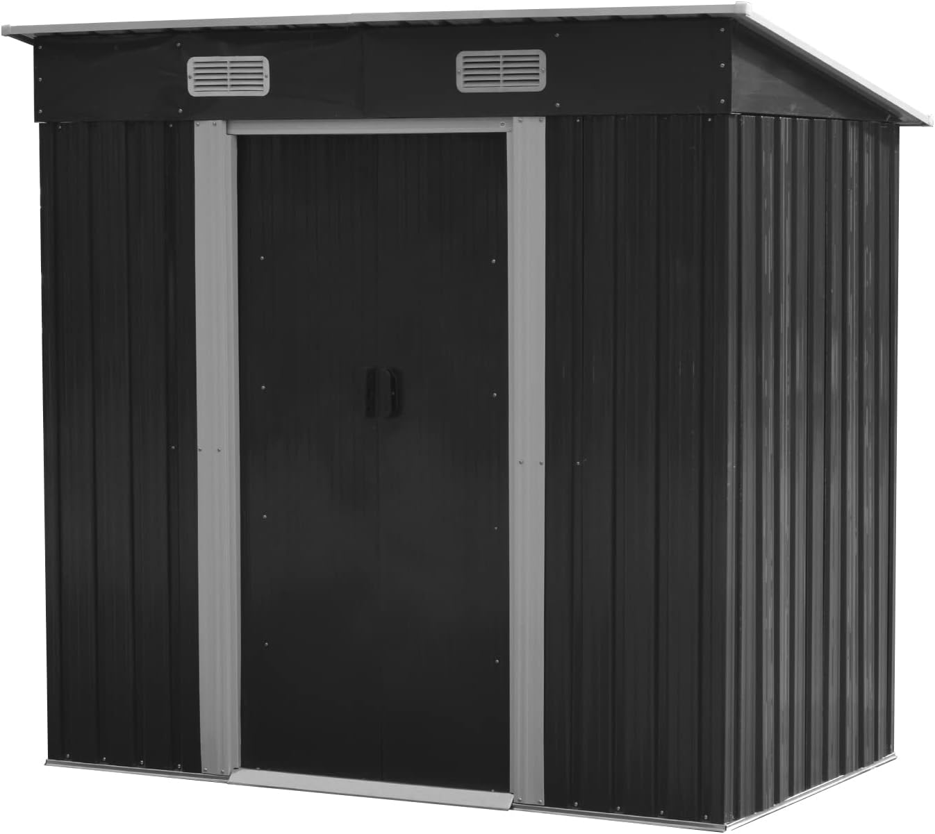 Garden Storage Shed Metal 6 x 4 FT Outdoor with Base Vents Lockable Sliding Doors Sloped Pent Roof for Patio Backyard Bike Tool All-Weather (Grey)