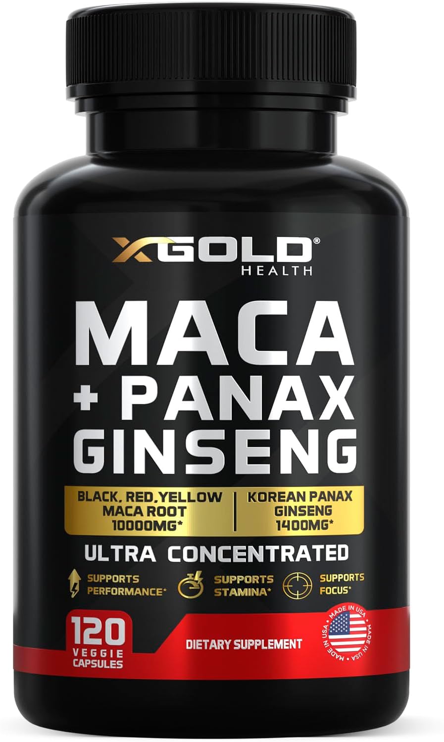 Maca Root Capsules 10,000mg + Korean Panax Ginseng 1,400mg - 20x Concentrated Extract Black + Red + Yellow Maca Root, 10x Concentrated Extract Panax Ginseng Capsules - Ultra Potent & Highly Purified