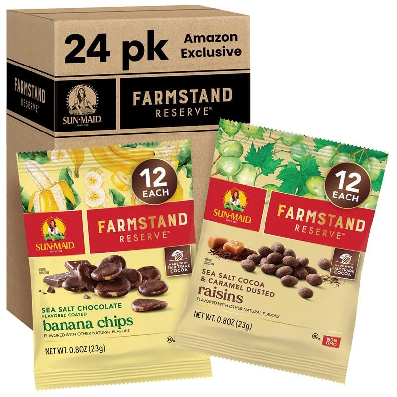 Sun-Maid Farmstand Reserve 24 Count Variety Pack - 0.8 oz Snack Bag – (12) Sea Salt Cocoa & Caramel Dusted Raisins + (12) Sea Salt Chocolate Coated Banana Chips (Amazon Exclusive)