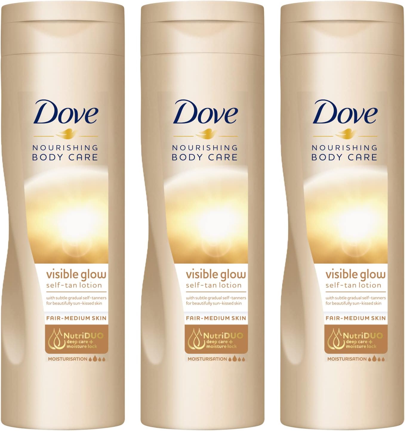 3x Dove Nourishing Body Care Self Tanning Lotion 250ml each Fair to Medium