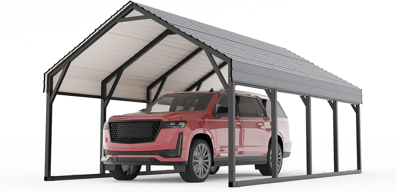 12 x 20 FT Metal Carport, Heavy Duty Carports Reinforced Frame and Steel Roof, All-Weather Shelter Canopy for Pickups, Boats, Cars, and Tractors
