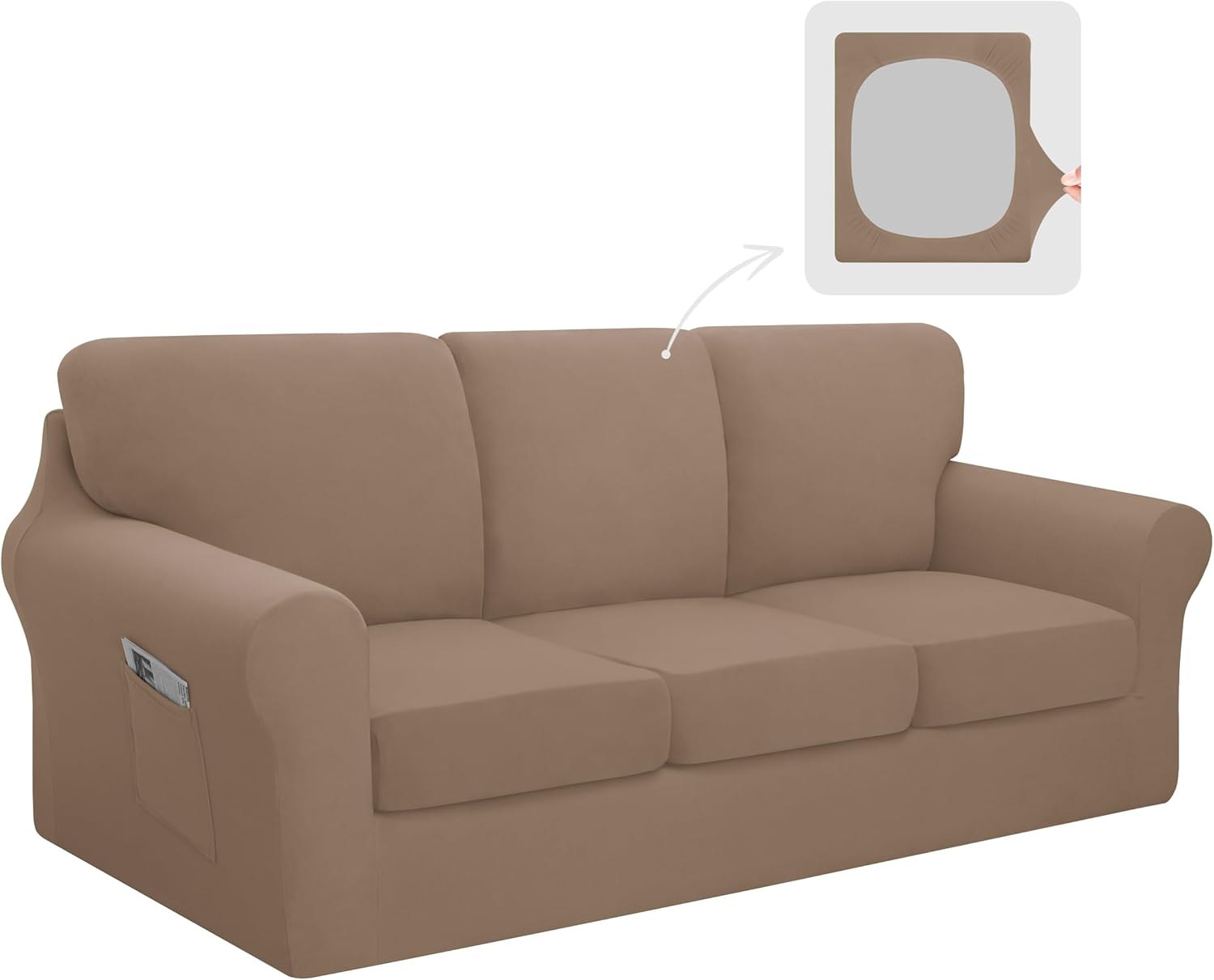 Easy-Going 7 Pieces Stretch Couch Cover Washable Sofa Cover Set for 3 Backrest and Seat Cushion Couch Anti-Slip Sofa Slipcover Furniture Protector with Elastic Bottom (Large, Camel)