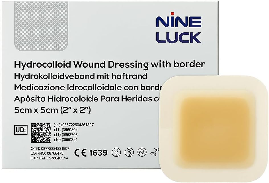 5pcs - 5cm x 5cm Hydrocolloid Wound Dressing Pads with Border, Sterile Waterproof Adhesive Bandages for Wounds, Cushioned Plasters for Wounds Cuts Scratches Burns Pressure Sores First Aid Supplies