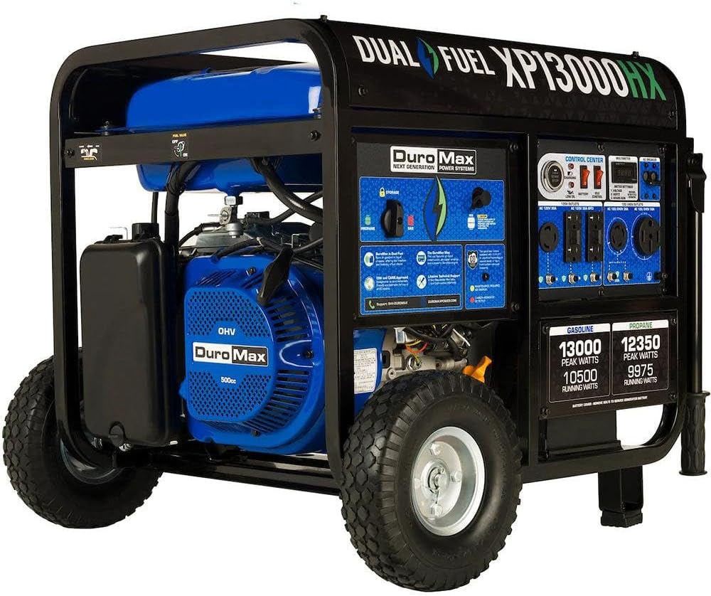 DuroMax XP13000HX Dual Fuel Portable Generator - 13000 Watt Gas or Propane Powered - Electric Start w/ CO Alert, 50 State Approved, Blue
