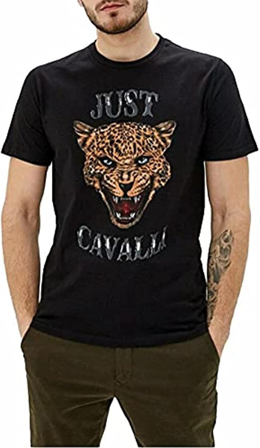 JUST Cavalli S01GC0419 Mens T Shirt Tiger Print Short Sleeve Cotton Tee