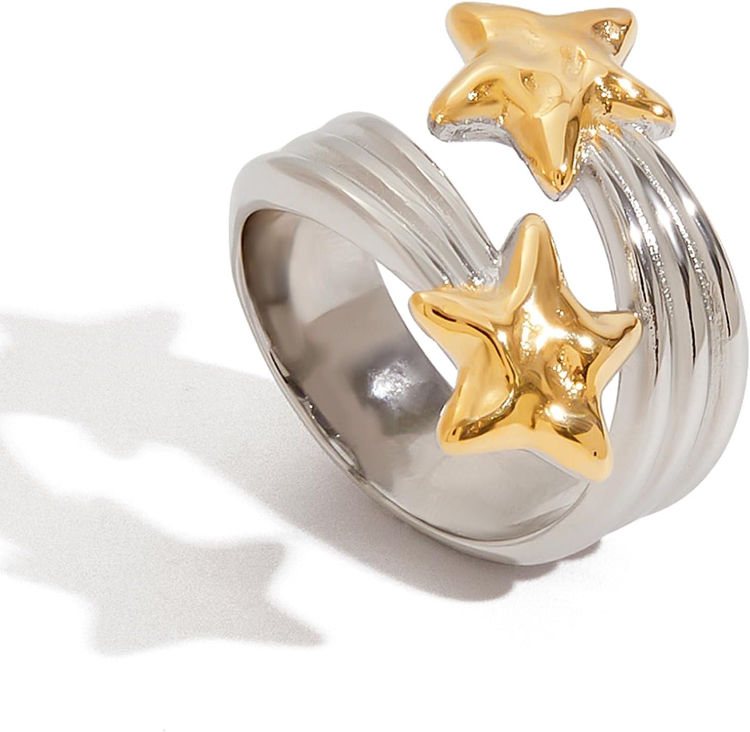 Two Tone Chunky Statement Ring for Women Unique Stars Mixed Metal Rings Vacation Jewelry