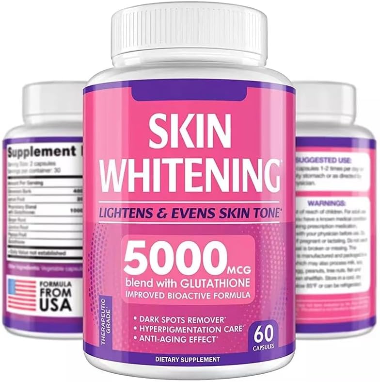 Glutathione Capsules Skin Whitening, Hyperpigmentation Skin Brightening, Glutathione, 5000mcg - 60 Count
