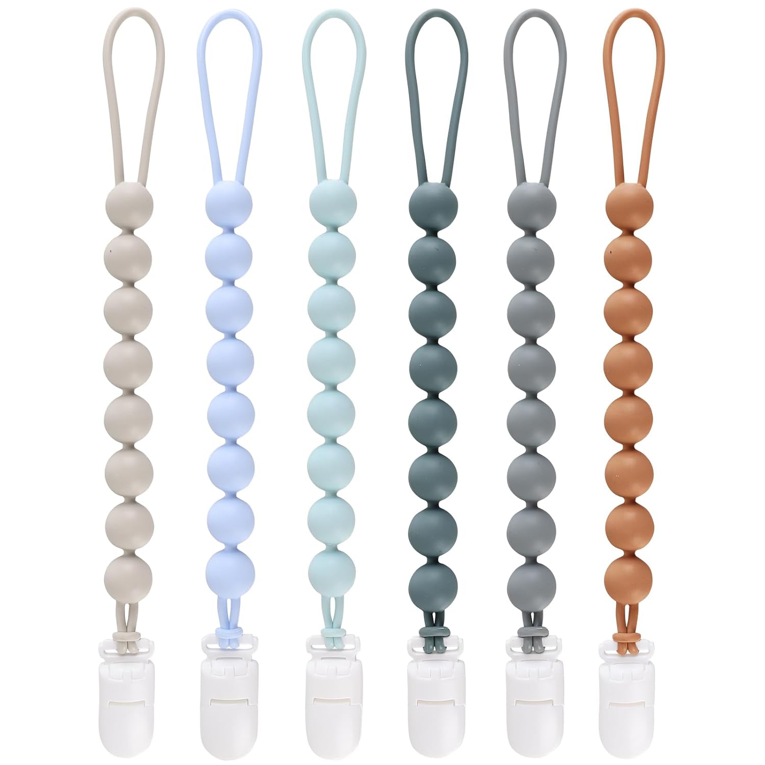6-Pack Silicone Pacifier Clips for Baby Boys and Girls - One-Piece Beads, Rust-Free Holders, Teething Relief, Baby Necessities, Newborn Safe Baby Essentials
