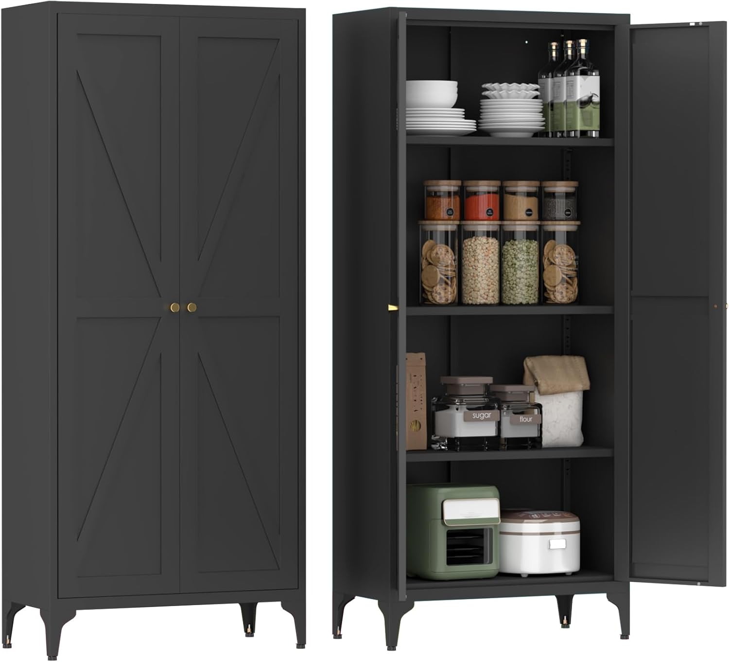 Kitchen Pantry,Metal Pantry Cabinet with Doors,Tall Storage Cabinet with Adjustable Shelves,Cupboard for Office,Pantry, Living Room, Black