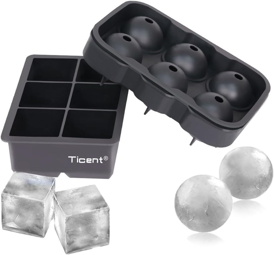 Ticent & Co Silicone Ice Cube Trays (Set of 2), Sphere Ice Ball Maker with Lid & Large Square Moulds, Reusable & BPA Free