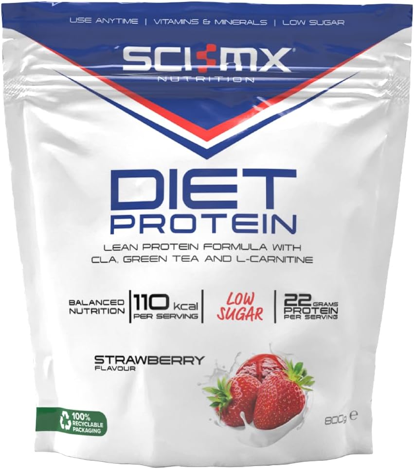 SCI-MX Diet Whey Protein Powder + Vitamins & Green Tea, CLA & L-Carnitine - Strawberry • Low Sugar • 22g Protein + 110 Calories per Serving • 800g