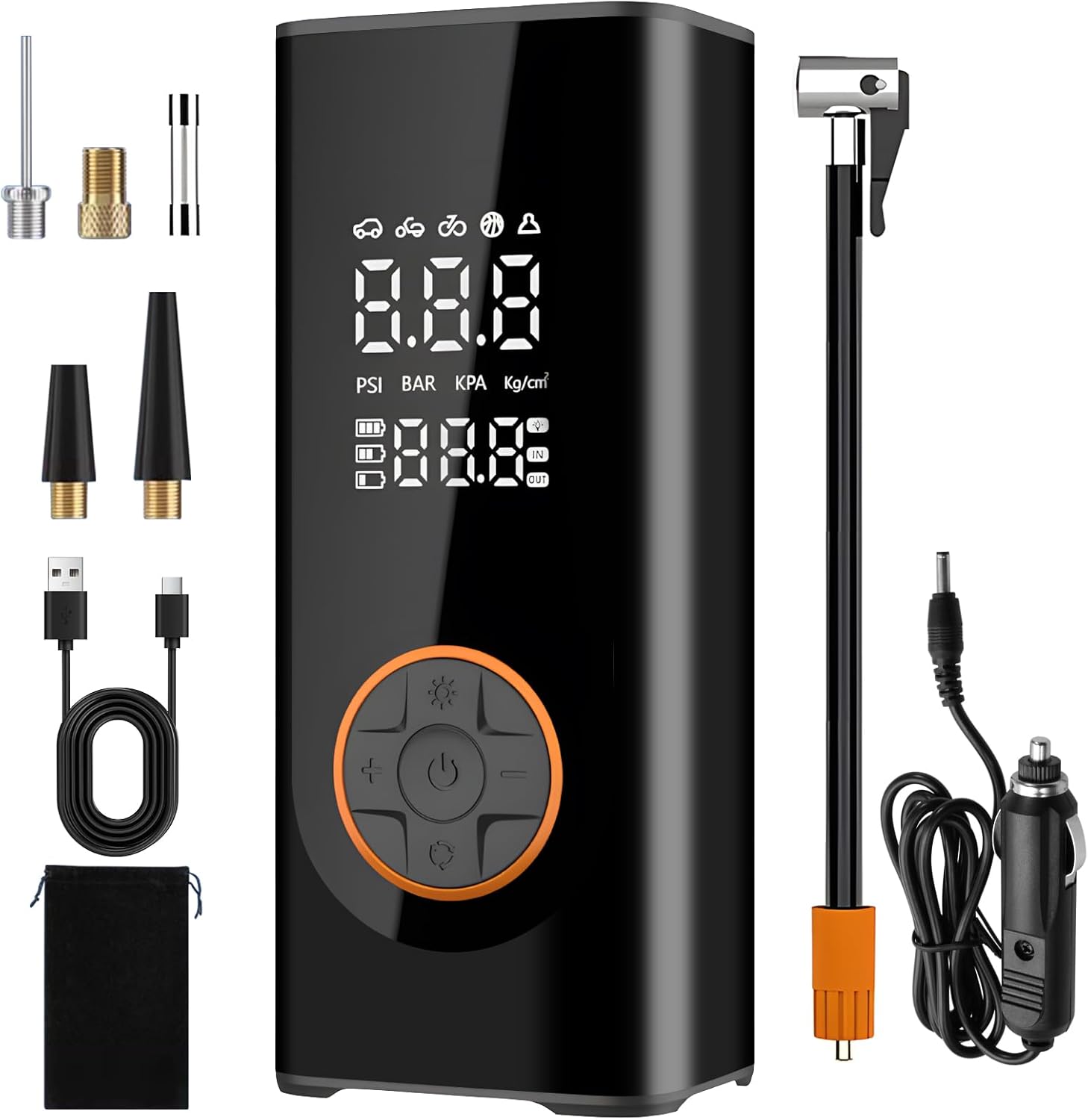 Tyre Inflator Cordless Air Compressor, Portable Electric Bike Pump 150 PSI with Digital Display, Preset Tyre Pressure & Auto Shutoff, LED Light, Rechargeable Tyre Pump for Car, Bike, Motorcycle, Ball