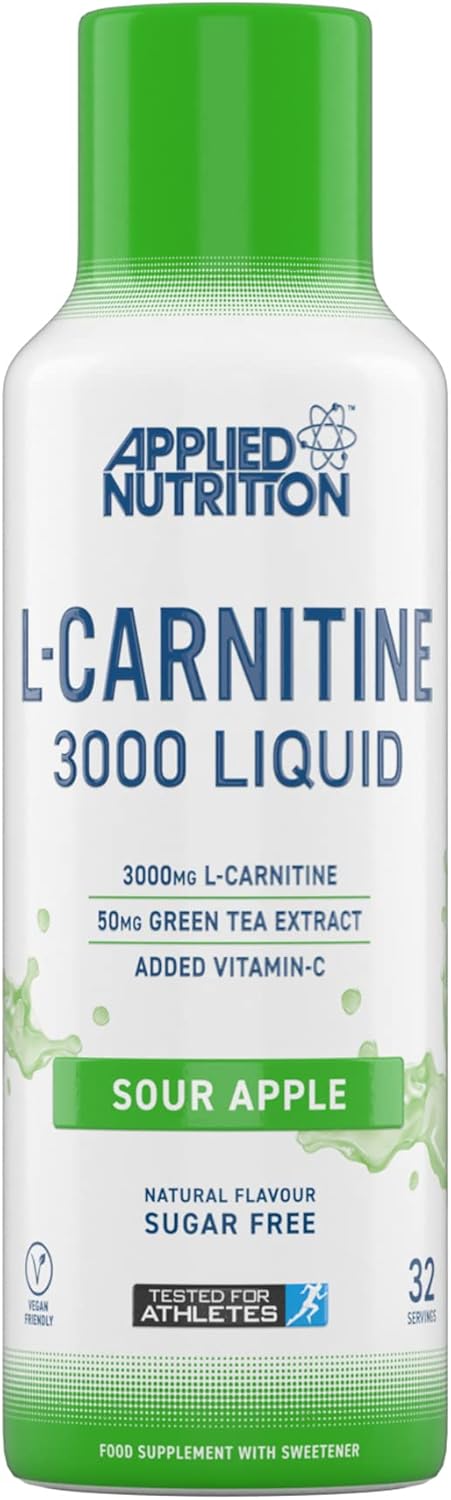 Applied Nutrition L Carnitine 3000 Liquid - L-Carnitine with Green Tea & Vitamin C, Boosts Energy & Weight Management, Vegan (480ml - 32 Servings) (Sour Apple)