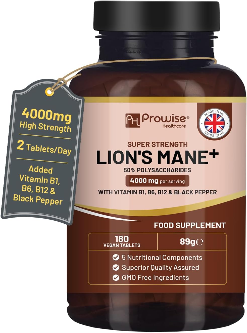 Lions Mane Mushroom Supplement 4000mg with Vitamin B1, B6, B12 & Black Pepper - 180 Super Strength Vegan Tablets with 50% Polysaccharides (Not Powder or Capsules) | Made in The UK by Prowise