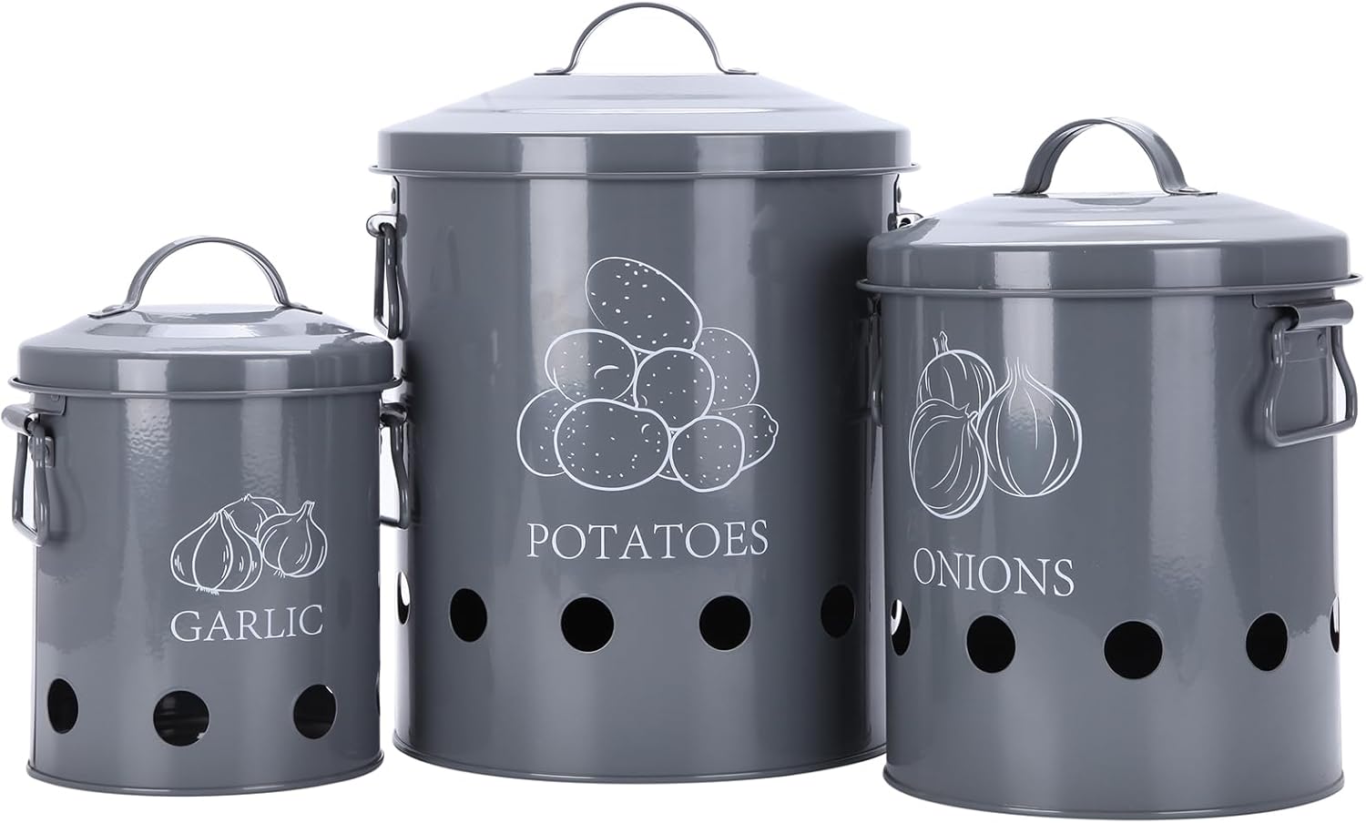 G.a HOMEFAVOR Set of 3 Antique Cream Vintage Potato Onion Kitchen Storage Canisters Jars Pots Containers 3 Pack Set, Potatoe, Garlic Bin Caddy, With Aerating Tin Storage Holes & Metal Lid, Grey
