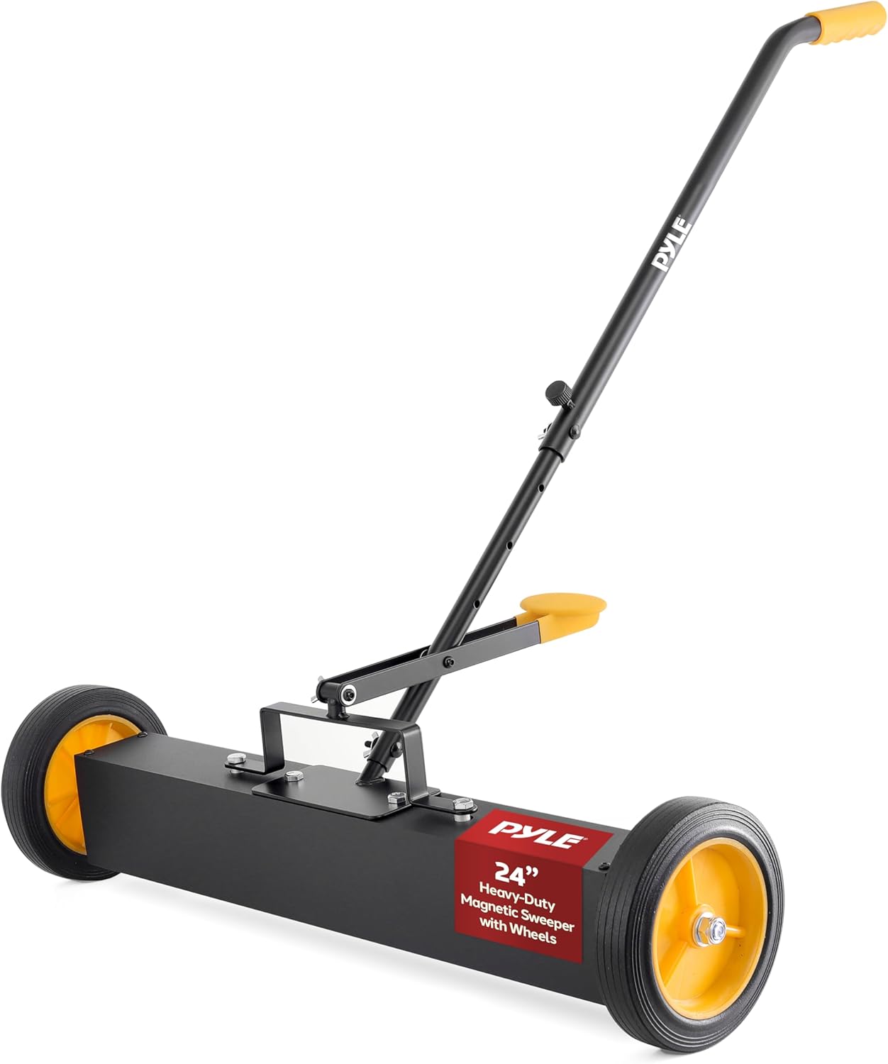 Pyle 61cm Magnetic Sweeper with Wheels, Rolling Paddle Broom Sweeper, Magnetic Sweepers with Adjustable Handle, Strong & Durable Construction, Heavy-Duty Metal Cleaning Pickup for Nails/Needles/Screws