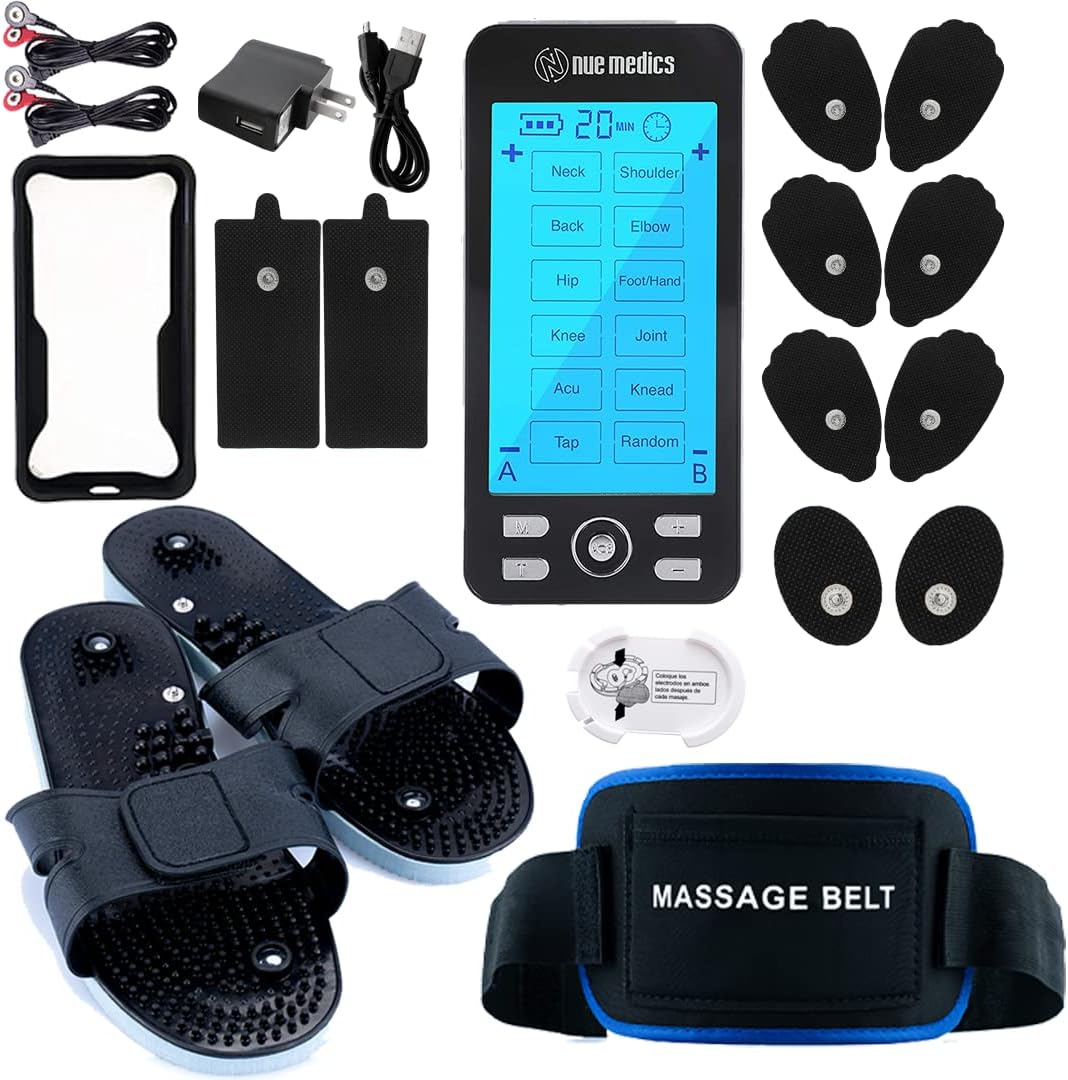Rechargeable Tens 24 Muscle Stimulator Complete Set + Flex Snap on Belt for Lower Back + Slippers Pain Relief Therapy Muscle Recovery Neuropathy,Arthritis, Bursitis, Tendonitis, Sciatica