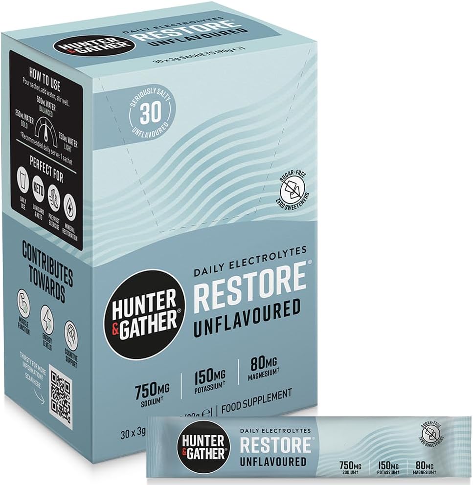 Hunter & Gather Restore Electrolytes Sachets x 30 I No Added Sugar or Artificial Sweeteners I 100% Natural Hydration I Optimal Mineral Ratio with Pink Himalayan Salt I Keto I with Natural Monk Fruit