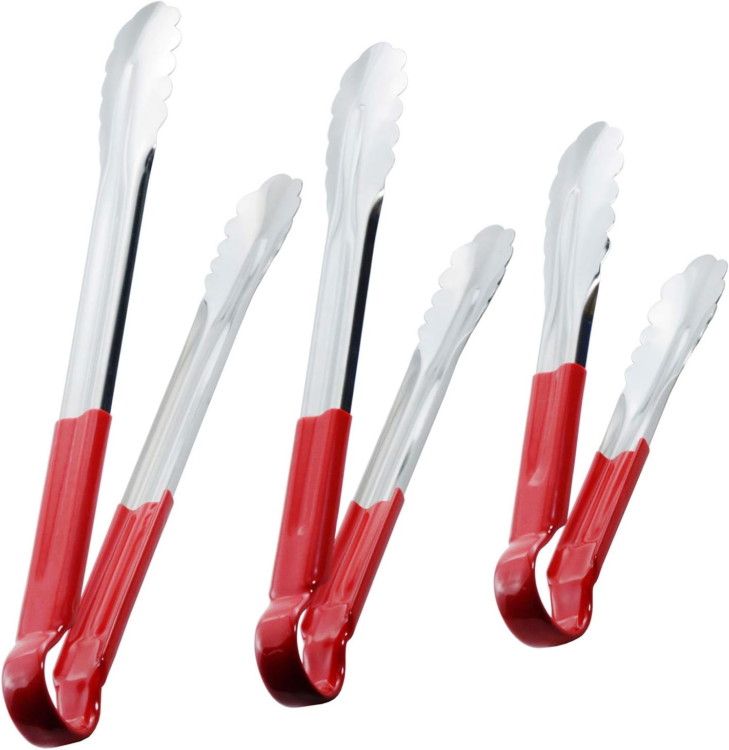 Stainless Steel Cooking Tongs Heavy Duty Kitchen Food Tongs, Set of 3 (9 12 14 Inch, Red)