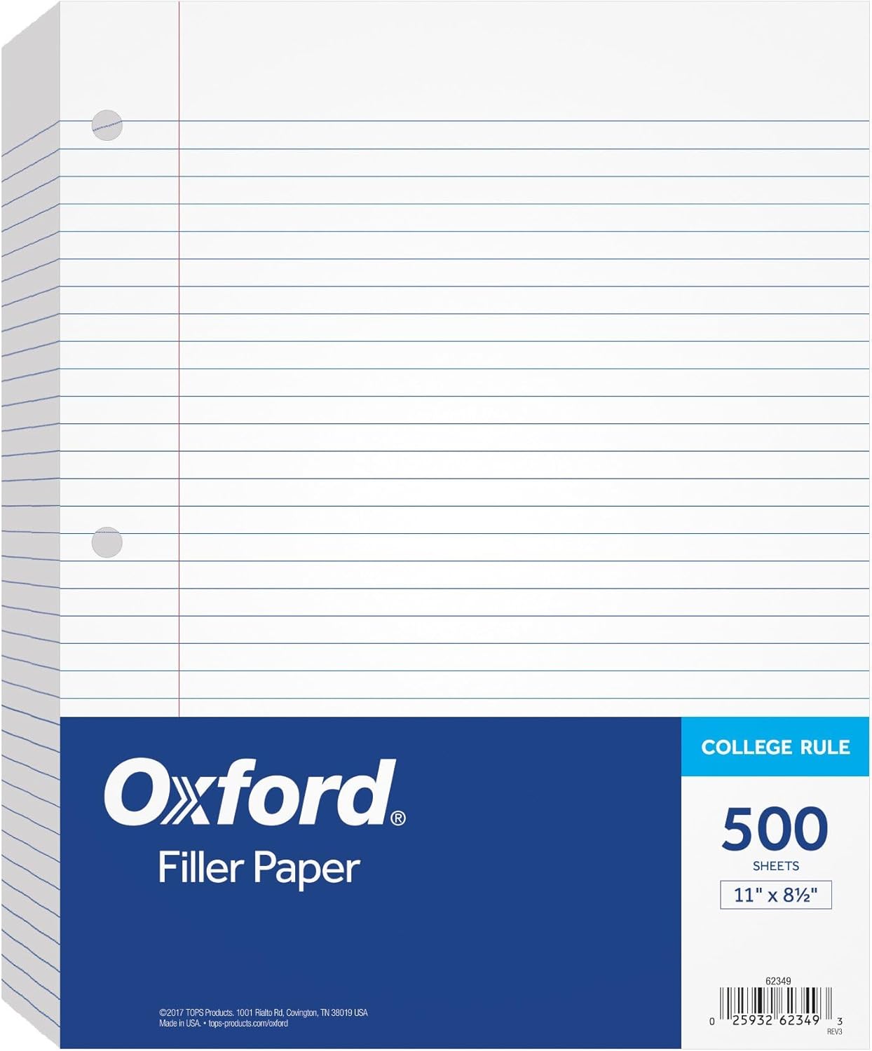 Oxford Filler Paper, 8-1/2" x 11", College Rule, 3-Hole Punched, Loose-Leaf Paper for 3-Ring Binders, 500 Sheets Per Pack (62349),White