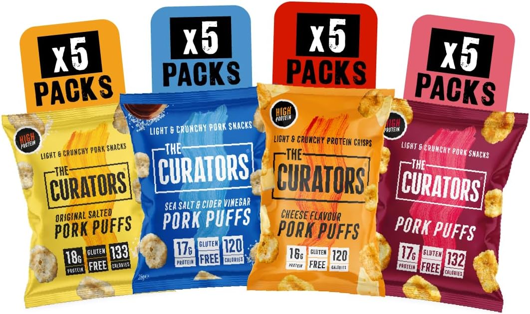 THE CURATORS High Protein Pork Puffs Variety Pack, 5 x Original Salted, 5 x Smoky Bacon, 5 x Cheese, 5 x Salt & Vinegar 25g (20 Packs) Crisp Low Carb Keto Gluten Free Savoury Snack